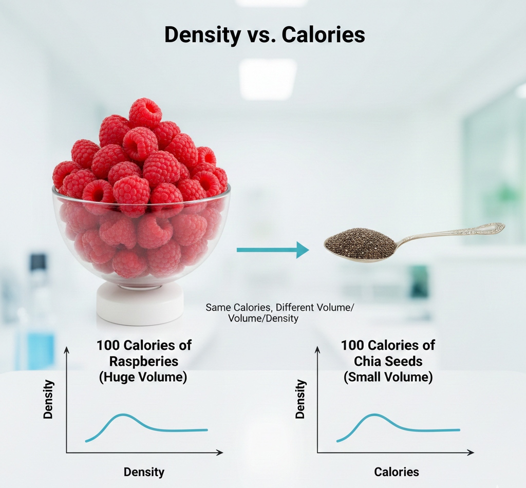 Chart comparing 100 calories of Raspberries vs Chia Seeds, showing volume difference